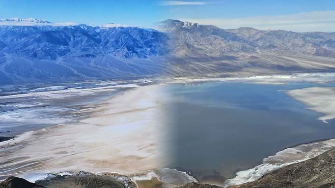 (좌) 평소 소금 사막이던 배드워터 지역   (우) 호수로 변한 배드워터 현재 모습