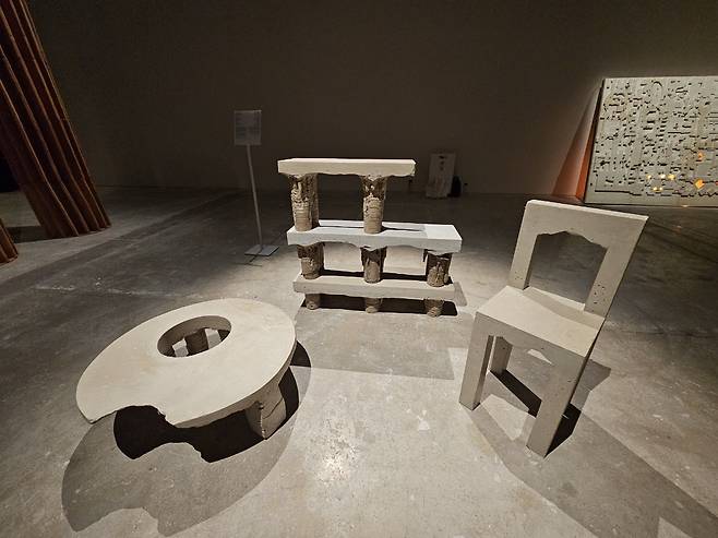 An installation view of "Coffee Table,” “Bookshelf” and “Chair” by Christian Zahr at "Arab Design Now," in Design Doha (Park Yuna/The Korea Herald)