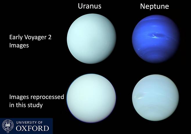 보이저 2호가 1986년과 1989년에 각각 찍은 천왕성(Uranos)과 해왕성(Neptune) 사진(위). 해왕성이 짙은 파란색으로 보인다. 하지만 실제 색 정보를 바탕으로 만든 사진(아래)에서는 두 행성이 모두 녹색을 띤 연한 파란색으로 보인다./영 옥스퍼드대