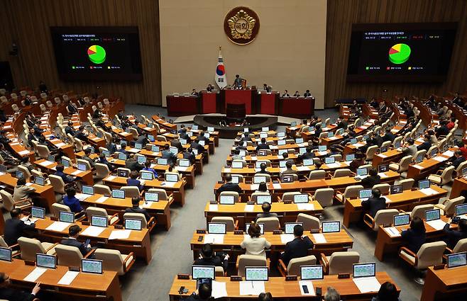 국회가 29일, 2월 임시국회 마지막 본회의에서 각종 법안을 처리하고 있다. 연합뉴스