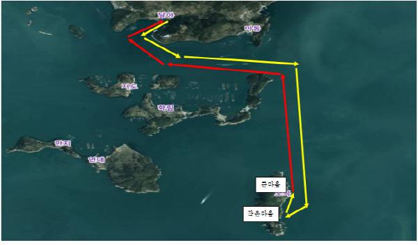 섬나들이호는 통영의 육지 끝인 달아항과 오곡도를 주 2회(월 금), 하루 2회 왕복 운항한다.  오곡도 운항로. 통영시 제공