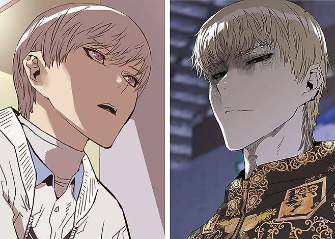 웹툰 ‘약한영웅’의 연시은(위쪽)과 학생들을 착취하는 그룹 ‘연합’의 수장 나백진. /네이버웹툰