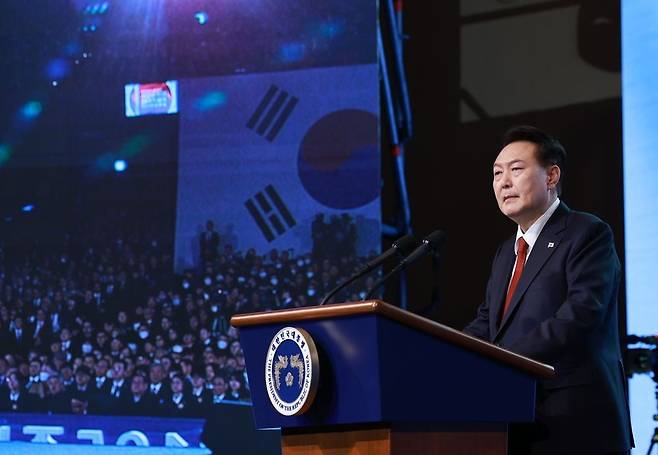 윤석열 대통령이 1일 서울 중구 유관순 기념관에서 열린 제105주년 3.1절 기념식에서 기념사를 하고 있다. 사진=연합뉴스