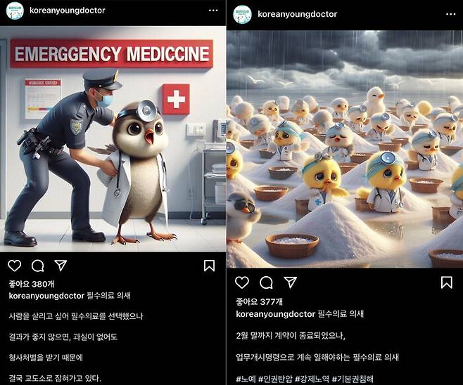 의대 정원 확대에 반대하는 일부 의사들이 사회관계망서비스(SNS)에서 의사를 비하하는 말인 ‘의새’를 표현한 그림을 올리는 인증으로 전공의들의 집단행동에 대한 정부 대응을 비판하고 있다. ‘젊은의사회’ 인스타그램 갈무리