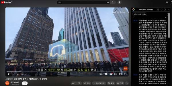 크롬 확장 프로그램 ’유튜브 써머리 위드 챗GPT‘로 영상 스크립트를 정리한 모습