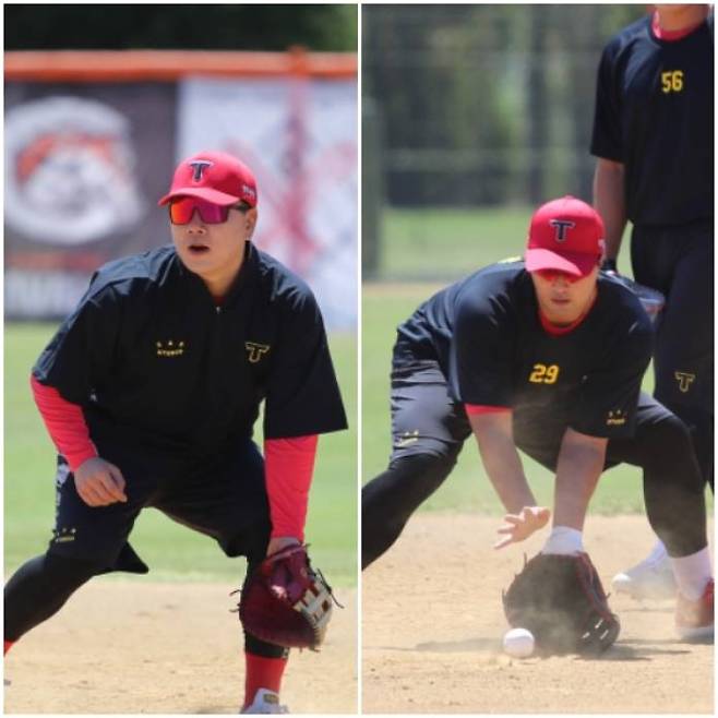 호주와 오키나와 스프링캠프에서 1루수 자리를 놓고 경쟁 중인 이우성(왼쪽)과 변우혁. KIA 제공