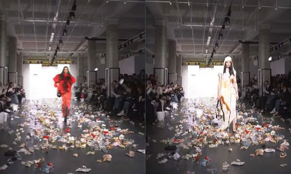 지난 2월 이탈리아 밀라노에서 열린 스웨덴 브랜드 에이브이에이브이에이브이(AVAVAV) 패션쇼. 관객들이 모델과 무대를 향해 쓰레기를 던지고 있다. 유튜브 채널 ‘fashion channel’ 캡처