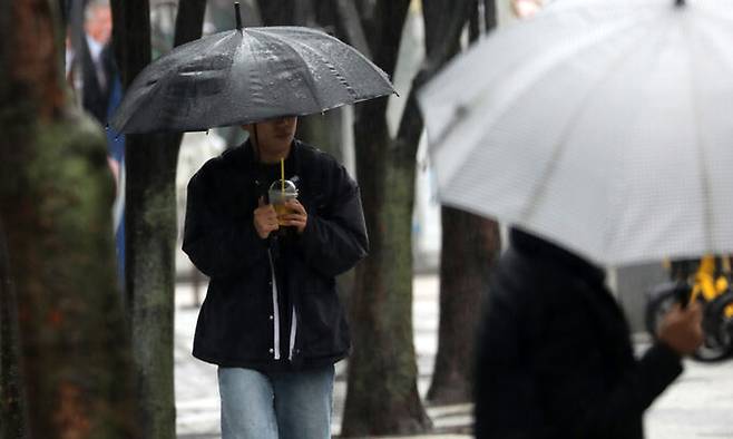 한 거리에서 우산을 쓴 시민들이 발걸음을 옮기고 있다. 뉴스1