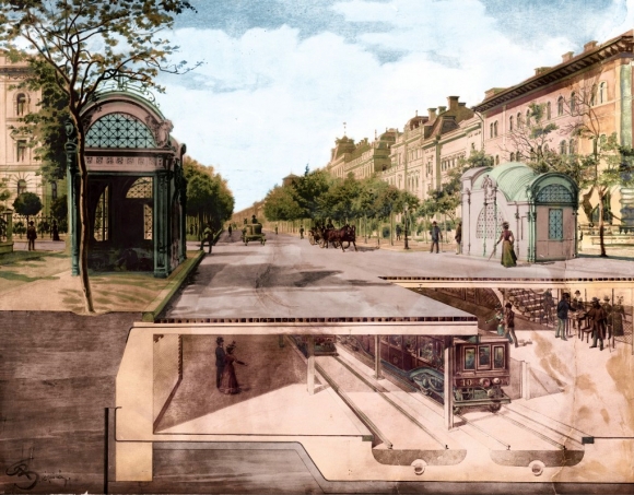 1896년 ‘언드라시 거리’(Andrássy út) 아래를 달리고 있는 부다페스트 지하철의 모습을 그린 그림.