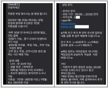 온라인쇼핑몰 부업을 가장한 지원자 모집문자. 서울시