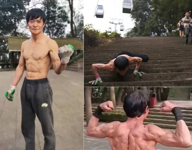 중국 충칭에 사는 70세 남성이 놀랄 만한 근육량과 체력을 자랑했다. 그는 45년간 달리기를 즐기며 등산, 물구나무서기 등으로 체력을 단련해오고 있다. [사진=SCMP composite/Weibo]