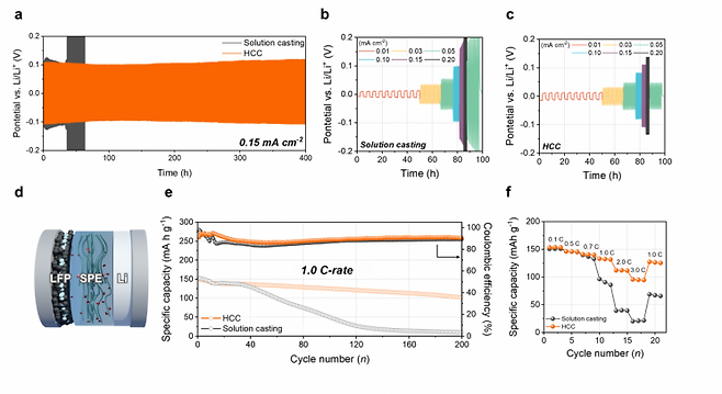 고분자 고체전해질 적용한 전기화학적 성능.(a. Li과의 안정성을 나타내는 고분자 고체전해질의 장수명 테스트. b,c. 전류밀도에 따른 전해질 안정성 테스트. d. LFP//Li cell의 모형. e. LFP//Li cell의 고분자 고체전해질의 장수명 테스트. f. LFP//Li cell에서의 충전속도에 따른 전해질 안정성 테스트)