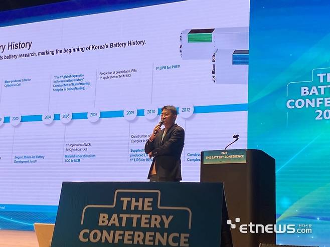 김제영 LG에너지솔루션 최고기술책임자(CTO)가 7일 더 배터리 컨퍼런스에서 전기차 배터리 개발 현황을 설명하고 있다.