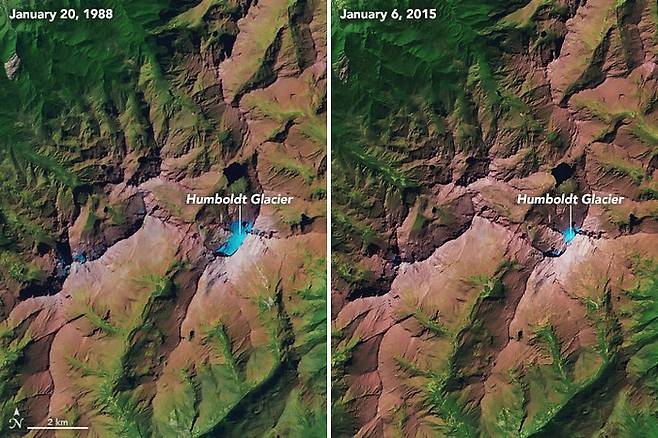 베네수엘라 '훔볼트 빙하' 1988년(왼쪽)과 2015년 크기 비교. 기후 변화로 베네수엘라에서만 1세기 동안 1000헥타르의 빙하가 사라졌다. 사진=미 항공우주국(NASA)