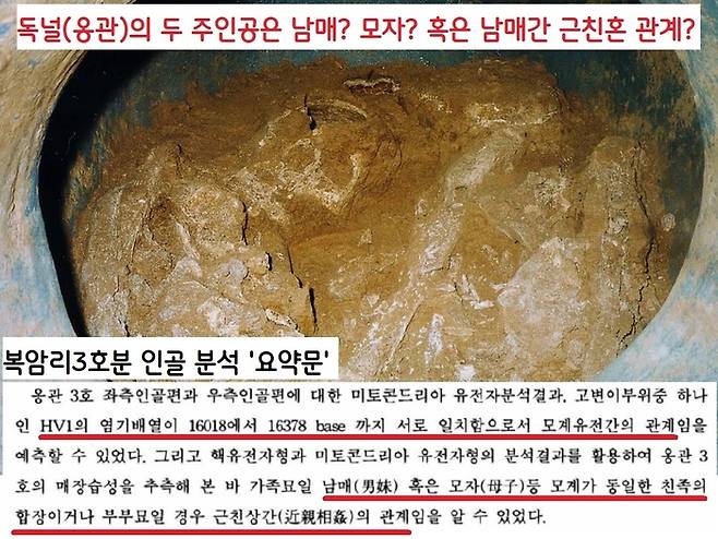 복암리 3호분 출토 인골분석 ‘보고서 요약문’은 “이 합장묘(96석실)의 주인공은 남매, 혹은 모자 등 모계가 동일한 친족이거나, 부부묘일 경우 근친상간(近親相姦) 임을 알 수 있다”고 전했다.|국립나주문화재연구소 제공