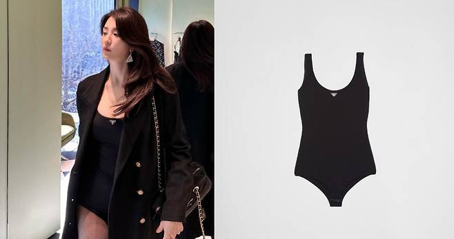 배우 박하선이 지난달 입은 프라다의 바디 수트 제품. 겨울 날씨임에도 코트와 함께 스타일링해 화제가 됐다. [인스타그램·프라다 페이지 캡처]