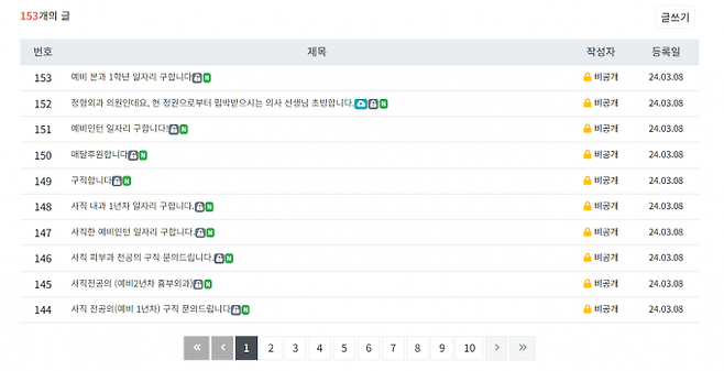 서울시의사회 홈페이지 구인·구직 게시판에 사직 전공의, 예비 인턴, 의대생이 몰렸다. 서울시의사회 홈페이지 갈무리