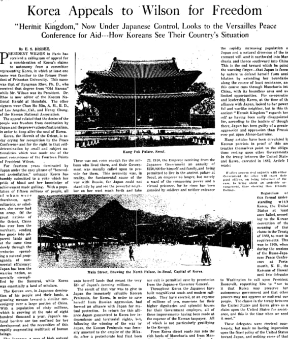 1919년 1월 26일, 뉴욕타임스 일요판에 실린 특집 기사 “코리아, 윌슨에게 자유 호소.”