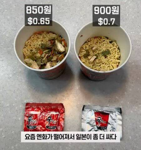 한국 일본 신라면 소컵 비교 영상. (사진=유튜브 캡처)