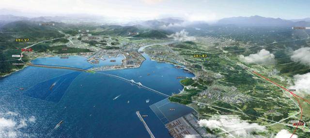 경북 포항시 영일만 바다 위에 건설될 영일만대교 조감도. 총 9㎞ 가운데 약 3분의 2인 5.3㎞는 해저터널, 나머지 3.7㎞는 교량으로 계획돼 있다. 포항시 제공