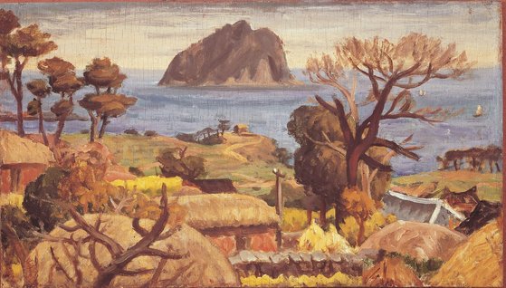 이중섭의 ‘섶섬이 보이는 풍경’. 1951년 피란 생활 중에 그렸지만 이중섭이 살던 서귀포 집에서 바라본 섶섬과 제주 앞바다가 평온한 느낌을 준다. [사진 이중섭미술관]