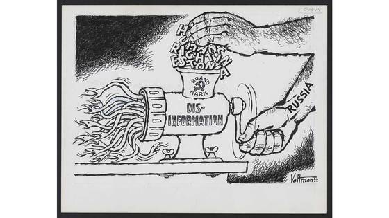 허위조작 정보(misinformation)를 통해 여론을 왜곡하는 러시아의 영향력 정보전을 비판하는 만평. [사진 미국의회도서관]