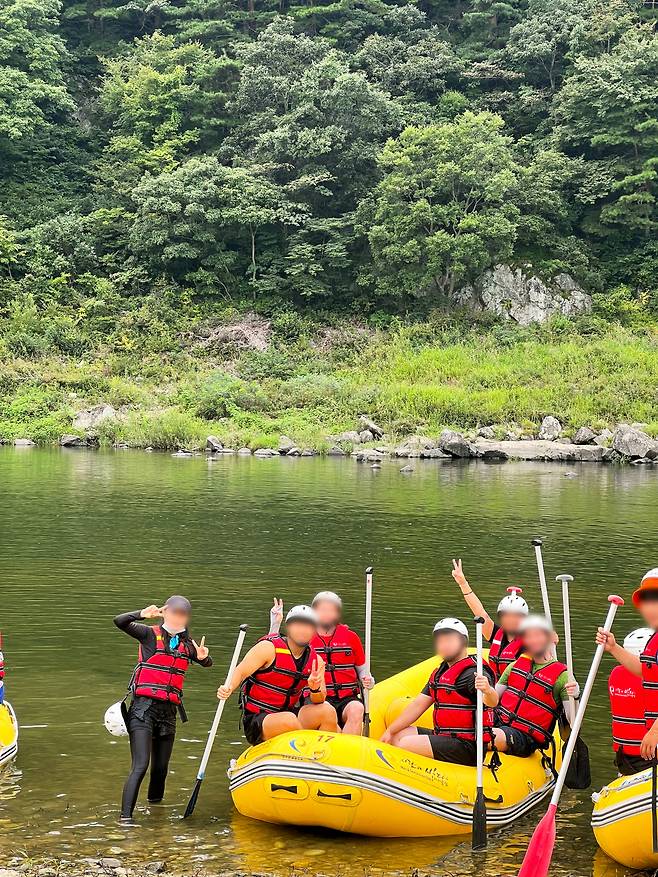 Native English teacher Jack Anderson (pseudonym) joins friends for rafting on a day off from work in Sancheong-gun, South Gyeongsang Province, August 2022. (Courtesy of Jack Anderson)