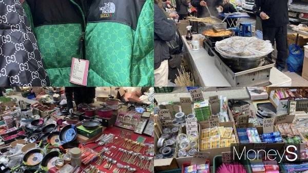 일요시장에서는 의류뿐 아니라 간식거리, 생필품도 판매하고 있다. 사진은 브랜드 로고가 있는 짝퉁 제품, 간식거리와 생필품의 모습. /사진=김서현 기자