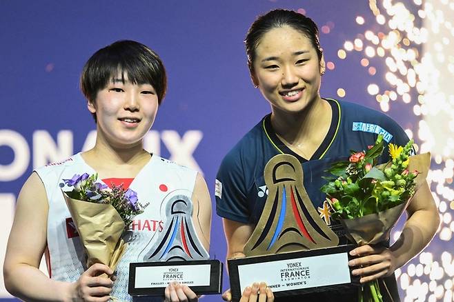 시상대에 선 안세영과 야마구치 아카네. 파리|AFP 연합뉴스