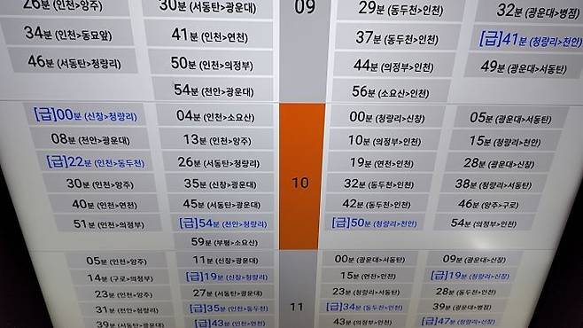 서울지하철 1호선 서울역의 열차시간표. 11일 오전 오후를 막론하고 이 시간표대로 정시에 도착한 열차는 극소수에 불과했다.ⓒ데일리안 김인희 기자