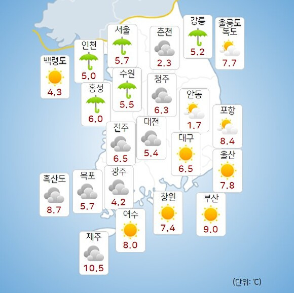 12일 오전 9시 현재 전국 날씨. [사진=기상청 날씨누리]