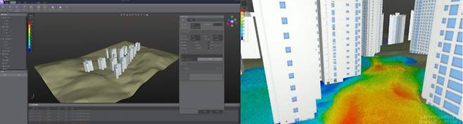 이에이트의 'NFLOW' SPH 전처리 과정 및 도심 내 침수 면적 파악을 위한 유동 해석 결과 이미지/사진=이에이트 투자설명서 갈무리