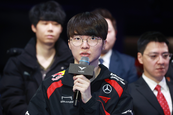 T1's Faker speaks at the opening day of the 2024 League of Legends Champions Korea Spring Split at LCK Arena in central Seoul on Jan. 10. [YONHAP]