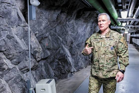 Gen. Paul LaCamera leads a media tour of Command Post Theater Air Naval Ground Operations on Saturday. [JUN MIN-KYU]