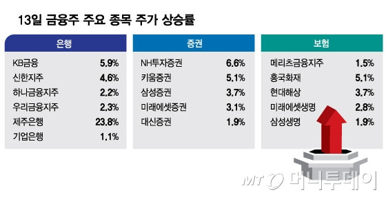 13일 금융주 주요 종목 주가 상승률. /그래픽=김현정 기자.