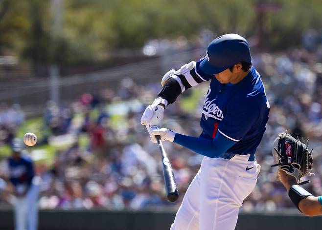 오타니가 이날 시애틀 전에서 타격을 하고 있다. USATODAY연합뉴스