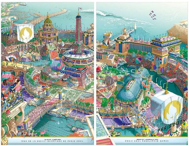 프랑스 디자이너 위고 가토니가 그린 파리올림픽 포스터와 패럴림픽 포스터. 두 개의 포스터를 옆으로 붙이면 한 장의 그림이 된다.