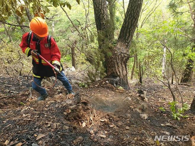 [광주=뉴시스] 15일 오후 전남 순천시 승주읍 한 야산에서 불이 나 산림당국이 잔불을 정리하고 있다. (사진=산림청 제공) 2024.03.15. photo@newsis.com *재판매 및 DB 금지