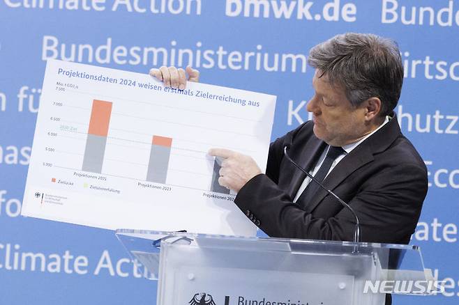 [AP/뉴시스] 독일 녹색당 공동대표 출신으로 연정 부총리를 맡고있는 로베르트 하벡 경제 및 기후 장관이 15일 2023년도 온실가스 배출량 감소 데이터를 기자회견에서 발표하고 있다. 지난해 연 10% 줄어 2030년 안에 1990년 배출량의 35% 선까지 줄어드는 목표 달성이 가능하다는 것이다.