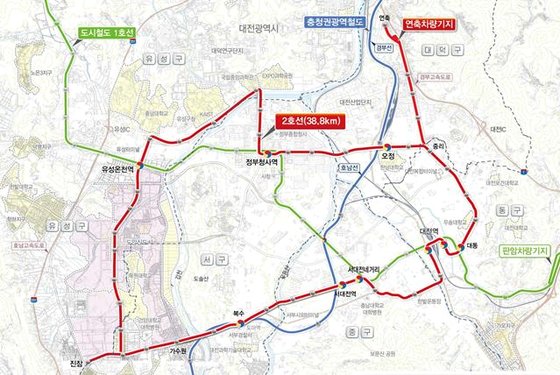 대전도시철도 2호선 트램 노선도. 대전시는 9월쯤 공사를 시작해 2028년 개통할 예정이다. [사진 대전시]