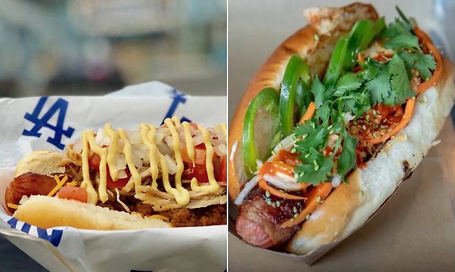 다저스의 홈구장인 다저스타디움의 명물 핫도그인 ‘다저독’(왼쪽)과 샌디에이고의 홈구장 펫코 파크에서 판매하는 핫도그인 ‘배리오독’.