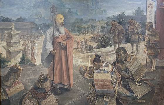 단색화 거장 박서보가 이런 스타일 그림을? 박서보의 민족기록화 ‘설법으로 왜장을 감동시킨 사명대사’(1976) 서울 용산 전쟁기념관 소장 [사진 문소영]