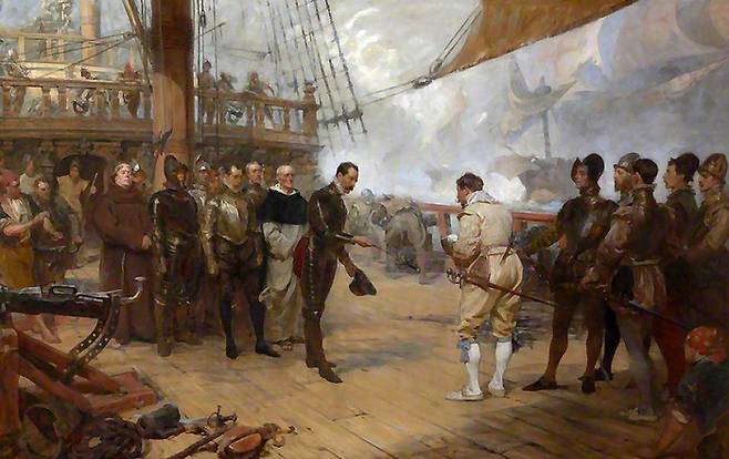“항복합니다.” 프랜시스 드레이크(오른쪽 흰 갑옷)에게 항복하는 안달루시아 함대 사령관.
