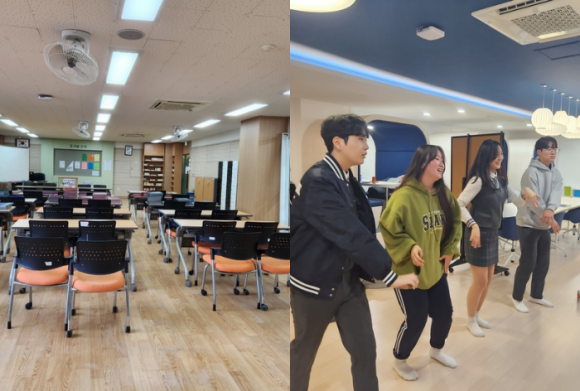서울 은평구가 추진하는 ‘내가 그린 공감학교’ 사업을 통해 은평메디텍고등학교의 쓰지 않던 빈 교실(왼쪽 사진)이 동아리 활동 공간으로 변신한 댄스 연습실에서 학생들이 댄스 연습을 하고 있다. 은평구 제공