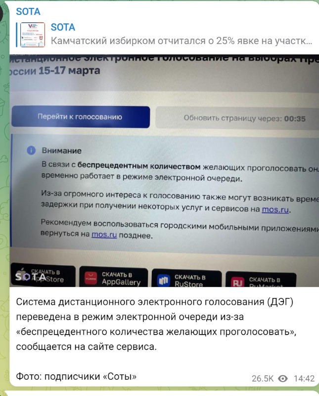 러시아 독립매체 '소타(SOTA)'가 15일 자사 텔레그램에 공유한 REV 화면 캡쳐본. '전례 없이 많은 유권자가 몰려들면서 투표 화면이 대기 모드로 전환됐다'는 안내 메시지. /사진=SOTA