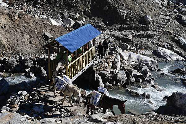 메락카르카(4,100m) 위쪽의 나무다리를 건너는 노새들.