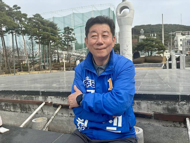Rep. Park Jae-ho of the Democratic Party of Korea, who is running to reclaim his seat in the typically conservative city, speaks to The Korea Herald on Sunday at Peace Park in Nam-gu, Busan. (Kim Arin/The Korea Herald)