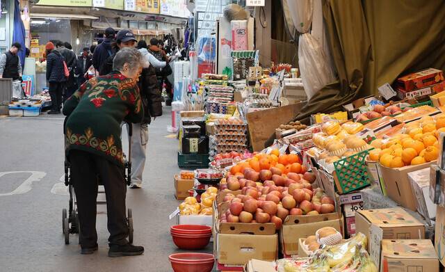 지난 18일 서울시 마포구 망원시장에서 장을 보는 소비자들. 신소영 기자 viator@hani.co.kr