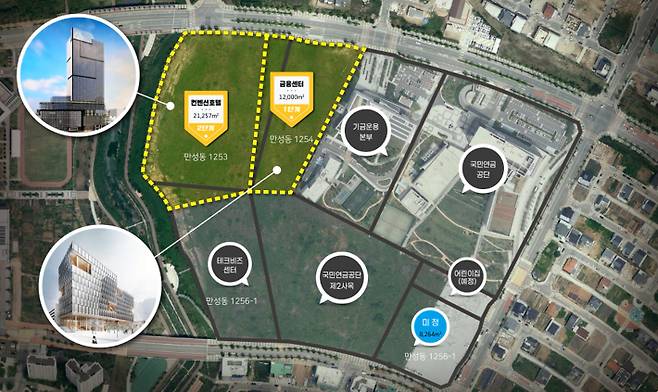 전북도는 지난해 10월 전북신용보증재단을 사업자로 820억 원을 들여 연면적 2만 5천㎡, 11층 규모의 금융센터를 짓는 최종 보고서를 냈다. 그러나 한 달만에 이 계획은 뒤집혔다. 금융센터와 컨벤션, 호텔의 위치와 조감도. 전북도 제공