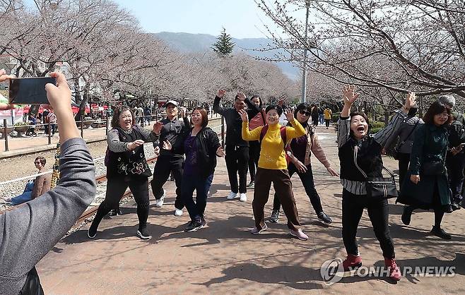 진해군항제 벚꽃 추억 (창원=연합뉴스) 김동민 기자 = 국내 최대 봄꽃 축제인 진해군항제가 열리는 23일 경남 창원시 진해구 경화역공원에서 대만 관광객이 춤을 추며 봄기운을 만끽하고 있다.
    진해군항제는 오는 4월1일까지 진해구 일원에서 열린다. 2024.3.23 image@yna.co.kr